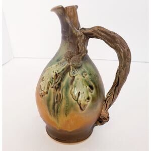 Vintage Artisan Pottery Ewer Jug w/ Stopper Oak Leaves Acorn Twig‎ Fall Signed